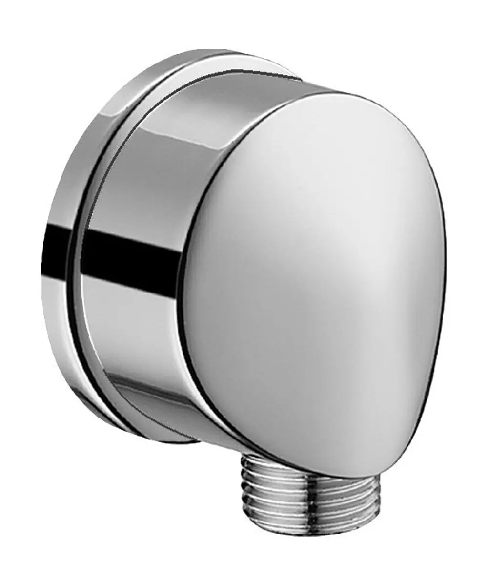 Wandanschlussbogen aus verchromtem Metall mit runder Rosette. Geeignet für die Montage in Badezimmern, hergestellt von HANSA. Anschlussgewinde sichtbar.